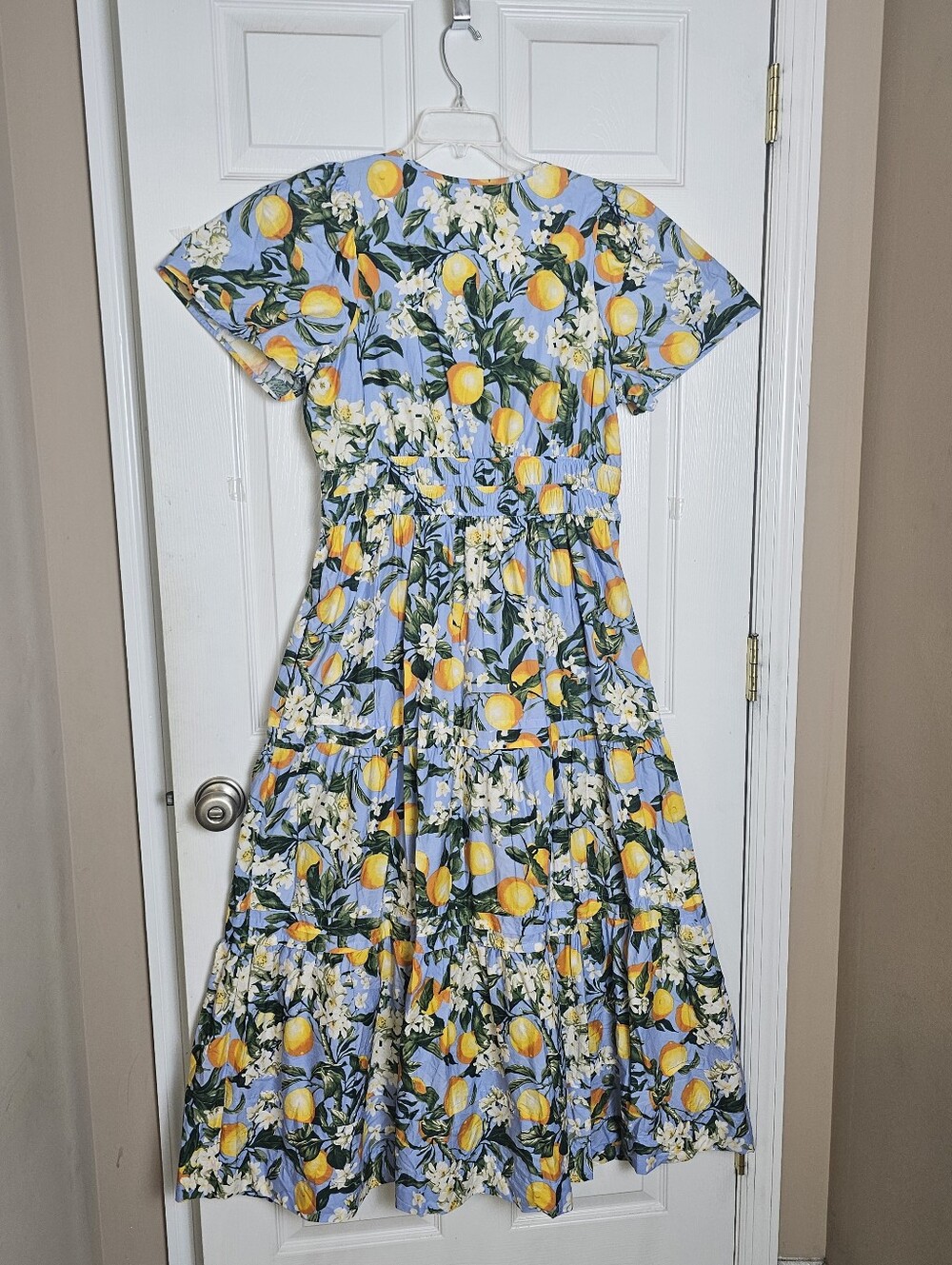Anthropologie Somerset Blue Tiered Lemon Maxi Dress Size Large Pockets Smocked - Picture 9 of 11